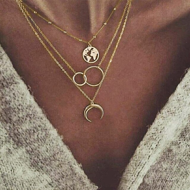 Łańcuszkowy naszyjnik DAXI z warstwowymi łańcuszkami, wisiorkiem w kształcie mapy i księżycem - trendy biżuteria boho dla kobiet - Wianko - 3