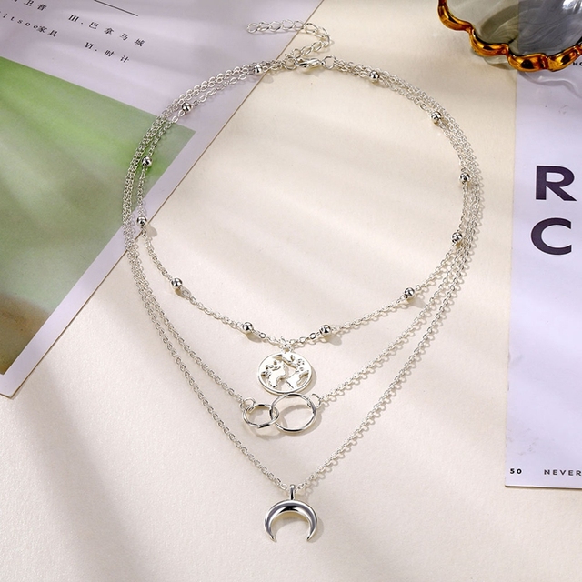 Łańcuszkowy naszyjnik DAXI z warstwowymi łańcuszkami, wisiorkiem w kształcie mapy i księżycem - trendy biżuteria boho dla kobiet - Wianko - 5