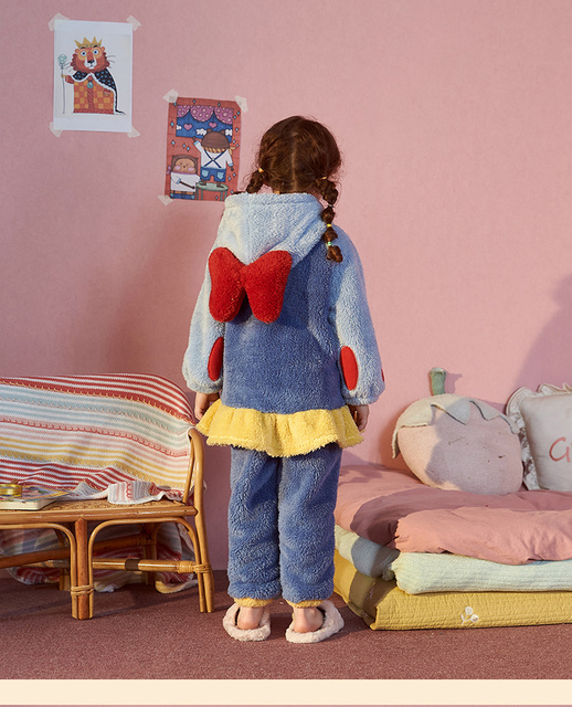 Zimowa piżama dla dzieci dziewczynki z kapturem Cartoon - polar szata - łuk - koralowe aksamitne ubrania - Wianko - 7