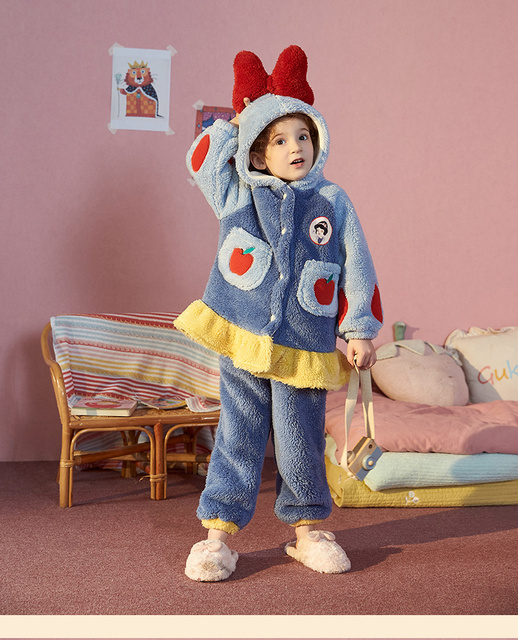 Zimowa piżama dla dzieci dziewczynki z kapturem Cartoon - polar szata - łuk - koralowe aksamitne ubrania - Wianko - 6