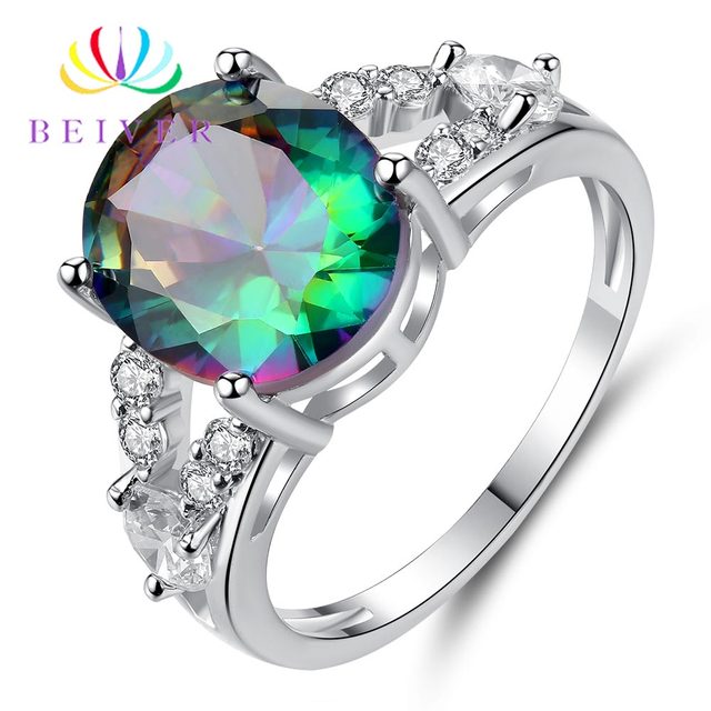Białe złoto Rainbow owalne pierścienie cyrkonowe Beiver 2019 dla kobiet - Wianko - 1
