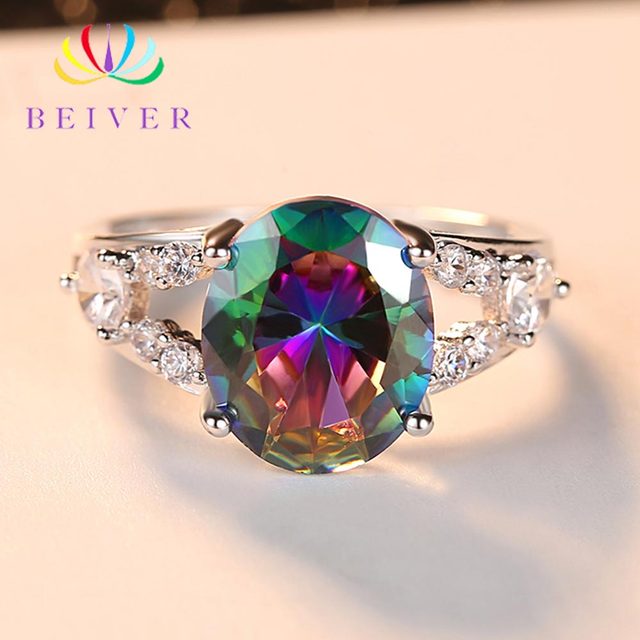 Białe złoto Rainbow owalne pierścienie cyrkonowe Beiver 2019 dla kobiet - Wianko - 4