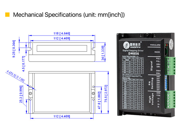 Sterownik 2-fazowy Leadshine DM856 dla silnika krokowego NEMA23/NEMA34 0.5A-5.6A grawerki CNC - Wianko - 4