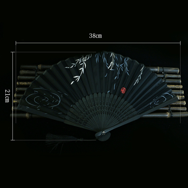 'Ręczny wentylator z jedwabnym materiałem i składanym mechanizmem - Vintage Retro styl, chińsko-japoński wzór z bambusowymi detalami, ozdobny wachlarz do tanecznych pokazów handicraft' - Wianko - 13