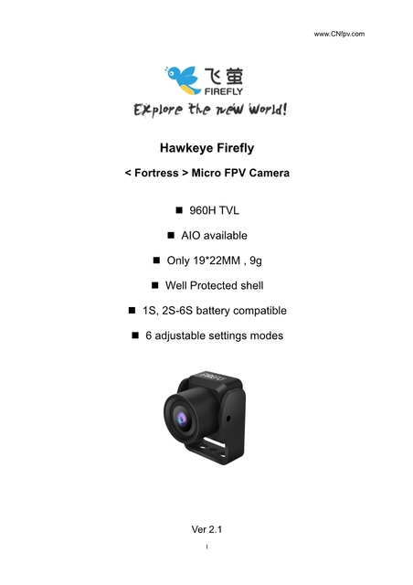 Hawkeye Firefly Fortress - mikro kamera FPV 2.1mm 960H TVL AIO, kompatybilna z baterią 1S-6S i 6 trybami ustawień - Wianko - 1