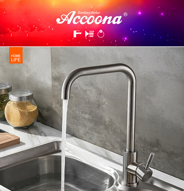 Bateria kuchenna Accoona ze stali nierdzewnej - pojedynczy uchwyt, otwór miksery, ścienny kran ciepłej i zimnej wody A4490 - Wianko - 1
