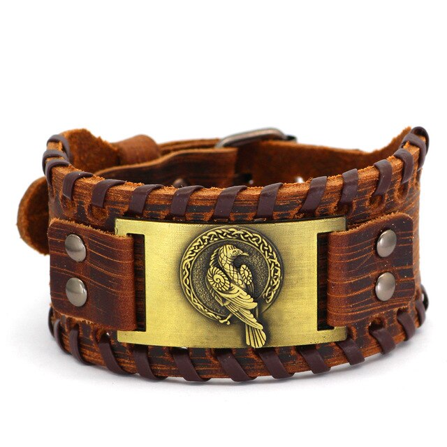 Bransoletka skórzana z wizerunkiem Odyna, Runicznym Krukiem i symbolami Vegvisir, męska biżuteria stylu Viking dla mężczyzn - Wianko - 4