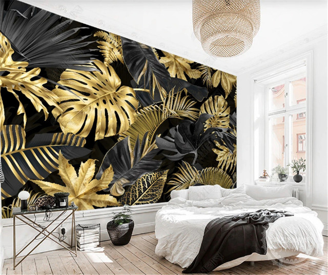 Tapeta do salonu z motywem złotego liścia bananowca - nordycka nowoczesność i minimalizm - Wianko - 8
