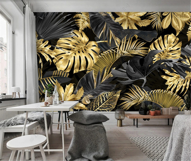Tapeta do salonu z motywem złotego liścia bananowca - nordycka nowoczesność i minimalizm - Wianko - 9