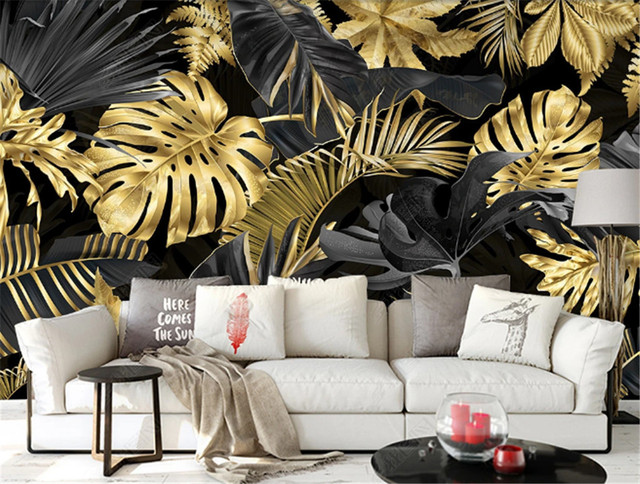 Tapeta do salonu z motywem złotego liścia bananowca - nordycka nowoczesność i minimalizm - Wianko - 10