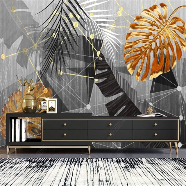 Tapeta do salonu z motywem złotego liścia bananowca - nordycka nowoczesność i minimalizm - Wianko - 2