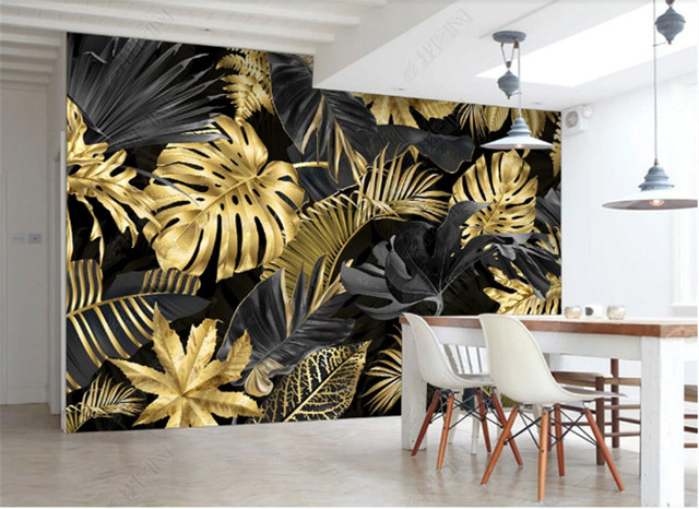 Tapeta do salonu z motywem złotego liścia bananowca - nordycka nowoczesność i minimalizm - Wianko - 11