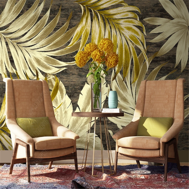 Tapeta do salonu z motywem złotego liścia bananowca - nordycka nowoczesność i minimalizm - Wianko - 5