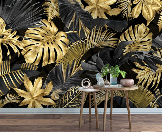 Tapeta do salonu z motywem złotego liścia bananowca - nordycka nowoczesność i minimalizm - Wianko - 7