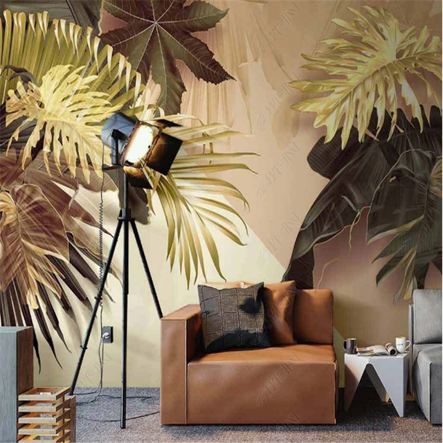 Tapeta do salonu z motywem złotego liścia bananowca - nordycka nowoczesność i minimalizm - Wianko - 1
