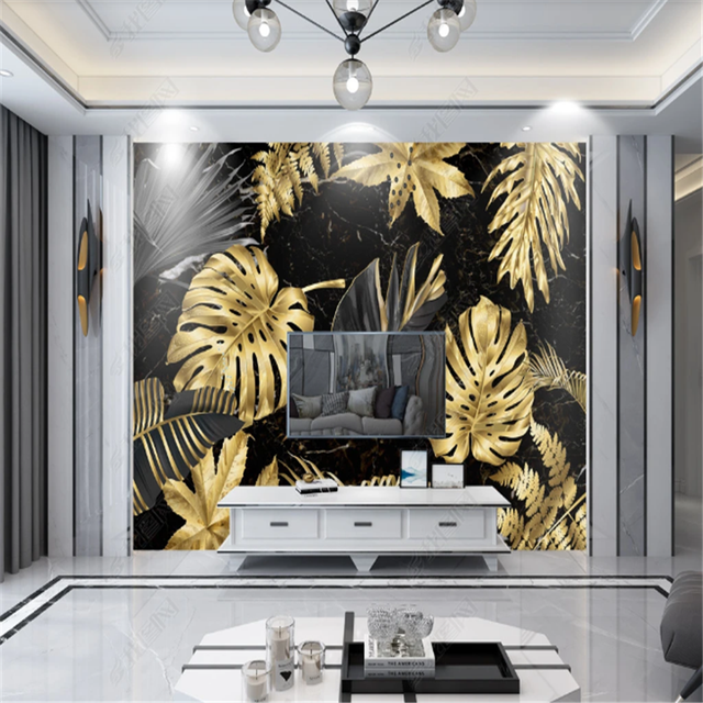 Tapeta do salonu z motywem złotego liścia bananowca - nordycka nowoczesność i minimalizm - Wianko - 4