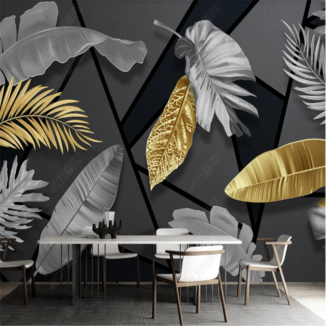 Tapeta do salonu z motywem złotego liścia bananowca - nordycka nowoczesność i minimalizm - Wianko - 3