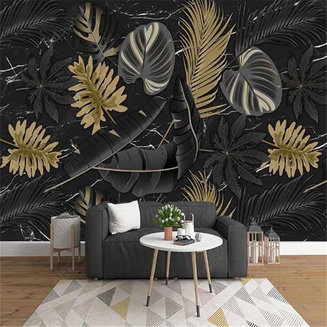 Tapeta do salonu z motywem złotego liścia bananowca - nordycka nowoczesność i minimalizm - Wianko - 6