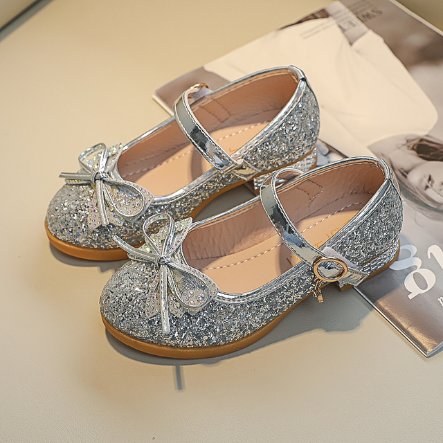 Skórzane buty dziewczęce z ozdobnymi cekinami i małym łukiem - złote (2021) - Wianko - 5