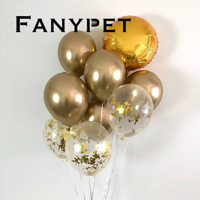 Złote konfetti - metalowe perły - 9 sztuk 12 calowe lateksowe okrągłe balony chromowane - dekoracja urodzinowa dla dzieci i dorosłych - Wianko - 8