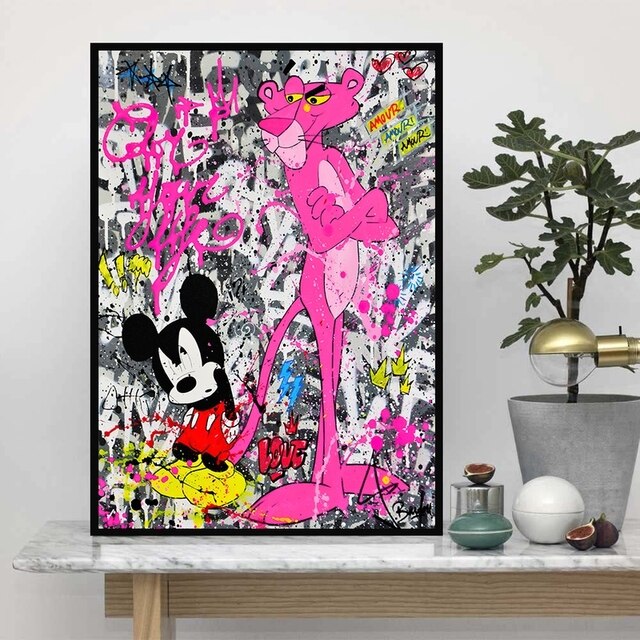 Drukowany obraz na płótnie z różową panterą, Myszka Miki i Kaczorem Donaldem w stylu graffiti Disney Art do dekoracji pokoju dziecięcego - Wianko - 3