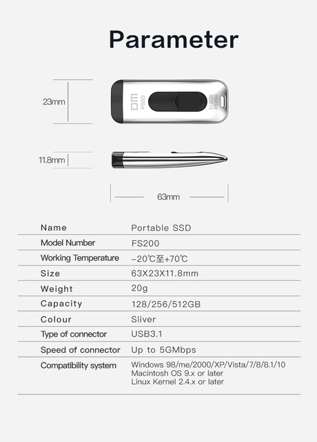 Przenośny Dysk Twardy PSSD FS200 DM, USB3.1/3.0, 128GB/256GB/512GB - Wianko - 10