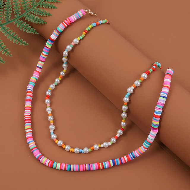 Handmade Boho Naszyjniki Choker z białymi szklanymi koralikami z perełami i pastelowymi paciorkami polimerowymi - Wianko - 5