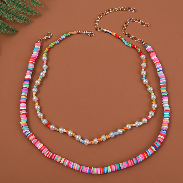 Handmade Boho Naszyjniki Choker z białymi szklanymi koralikami z perełami i pastelowymi paciorkami polimerowymi - Wianko - 3