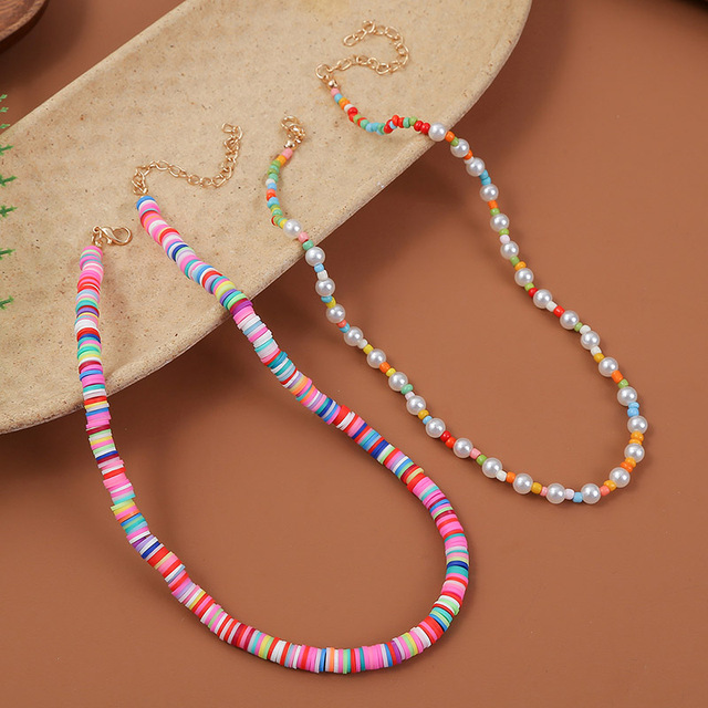 Handmade Boho Naszyjniki Choker z białymi szklanymi koralikami z perełami i pastelowymi paciorkami polimerowymi - Wianko - 4