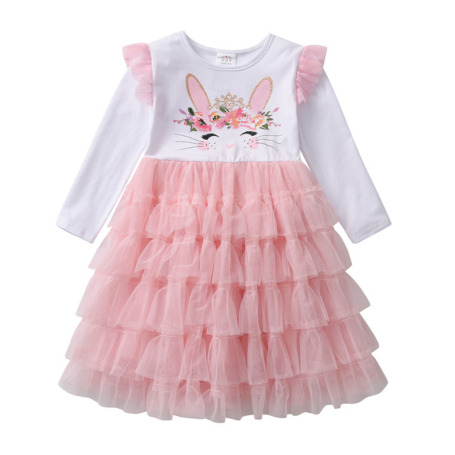 Długorękawowa sukienka VIKITA Kid Girls w króliczym wydruku dla dziewczyn - wiosenna/jesienna sukienka w stylu księżniczki z siateczkowym dodatkiem - Wianko - 8