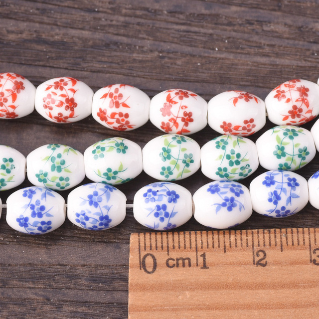 20 sztuk owalnych koralików ceramicznych, 8x10mm, w wzór kwiatowy - Wianko - 3