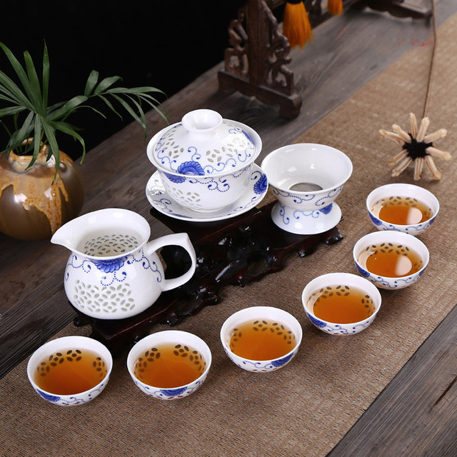 Zestaw do herbaty ceramiczny CJ261 Kung Fu - 10 sztuk: niebieski kubek, biały czajniczek, porcelana kostna, herbata morze - Wianko - 4