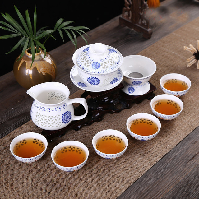 Zestaw do herbaty ceramiczny CJ261 Kung Fu - 10 sztuk: niebieski kubek, biały czajniczek, porcelana kostna, herbata morze - Wianko - 5
