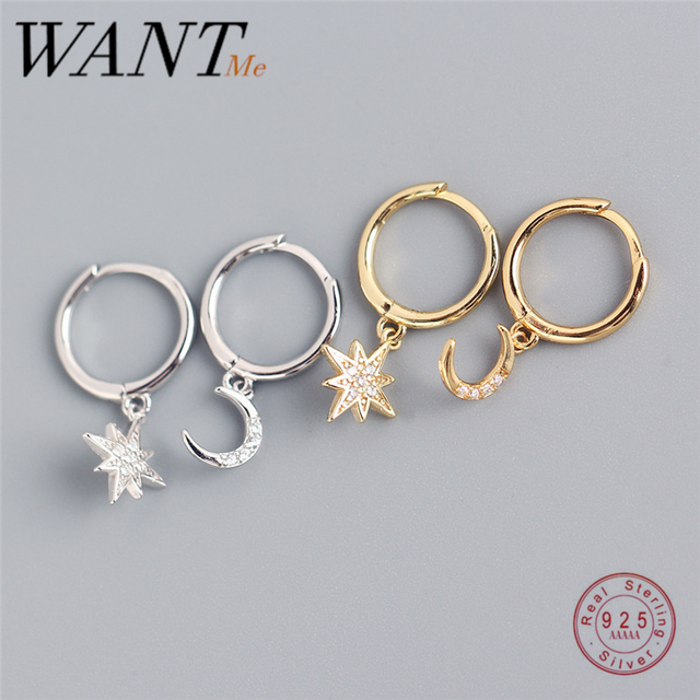 Kolczyki do uszu WANTME Fashion Koreańskie, oryginalne, 925 Sterling Silver, asymetryczny wzór gwiazdy i księżyca, biżuteria punk rockowa - Wianko - 18