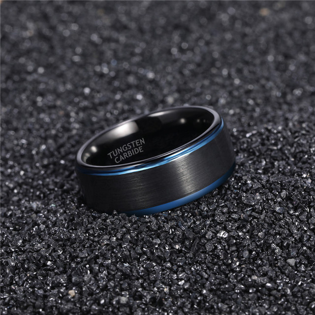 Pierścień z węglika wolframu, czarny, z niebieską linią, 6mm/8mm, unisex - Wianko - 6