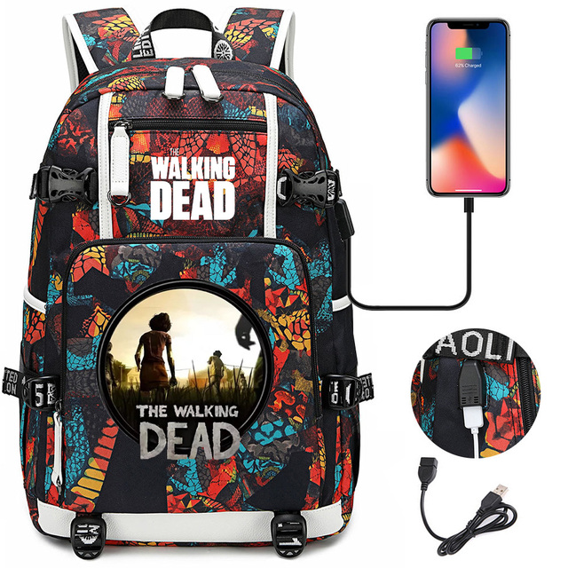 Nastolatek torebka na książki The Walking Dead z funkcją ładowania USB, dla dziewcząt i chłopców, plecak podróżny - Wianko - 11