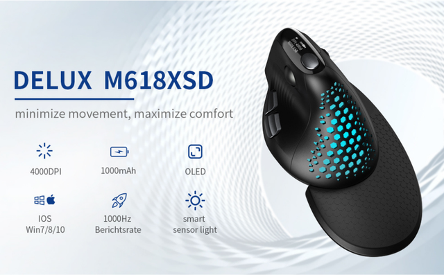 Delux Seeker M618XSD - Ergonomiczna pionowa mysz z ekranem OLED, USB/Bluetooth 5.0, akumulator 1000Hz Berichtsrate na PC i laptopa - Wianko - 1