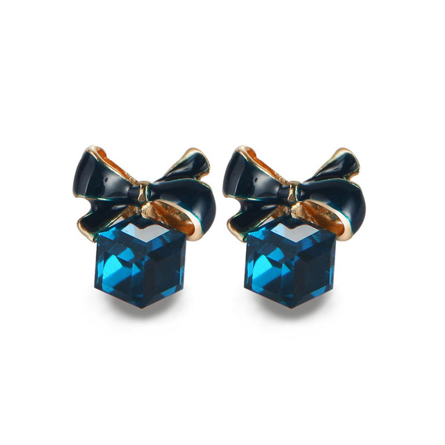 Nowe kwadratowe kolczyki z kokardką w kolorze niebieskim z kryształowymi sześcianami - biżuteria dla kobiet, prezent 2021 - Wianko - 1