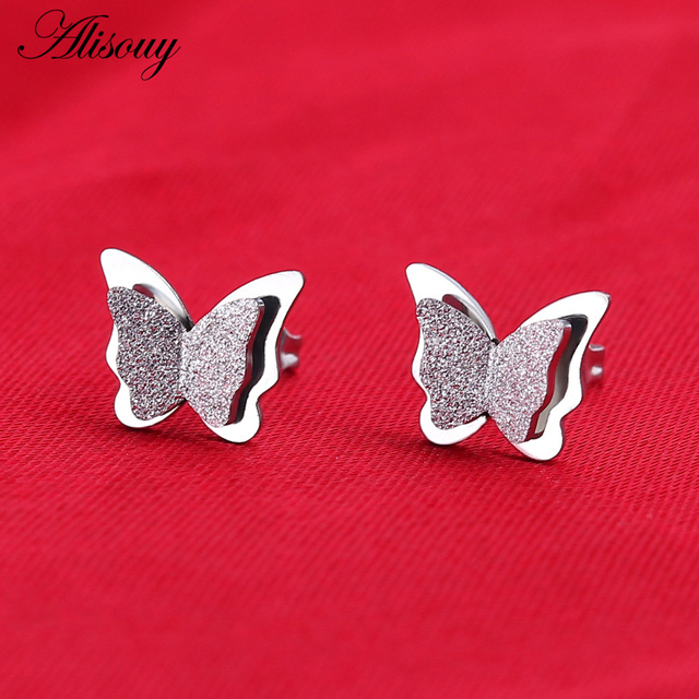 Kolczyki motylowe Alisouy Butterfly różowe złoto z matową stalą nierdzewną - Wianko - 2