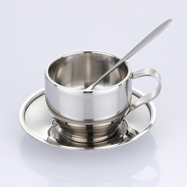 Filiżanki do kawy ze stali nierdzewnej - dwupokładowy kubek termoizolacyjny z łyżeczką i spodkiem - Wianko - 1