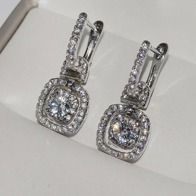 Eleganckie srebrne kolczyki z cyrkoniami - Modna biżuteria dla kobiet w 2020 roku - Typ sztyft - Wianko - 2