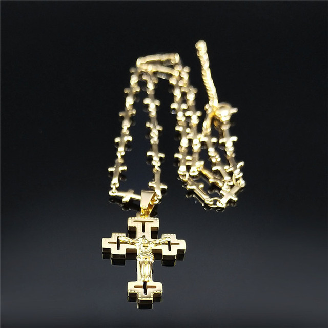 Naszyjnik z wisiorkiem Chrześcijański Krzyż ze stali nierdzewnej z motywem Jezusa, złoty kolor, dla kobiet i mężczyzn, mały łańcuch - Wianko - 17