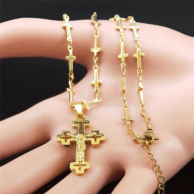 Naszyjnik z wisiorkiem Chrześcijański Krzyż ze stali nierdzewnej z motywem Jezusa, złoty kolor, dla kobiet i mężczyzn, mały łańcuch - Wianko - 14