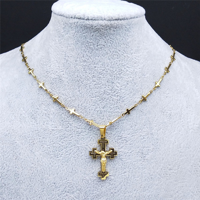 Naszyjnik z wisiorkiem Chrześcijański Krzyż ze stali nierdzewnej z motywem Jezusa, złoty kolor, dla kobiet i mężczyzn, mały łańcuch - Wianko - 16