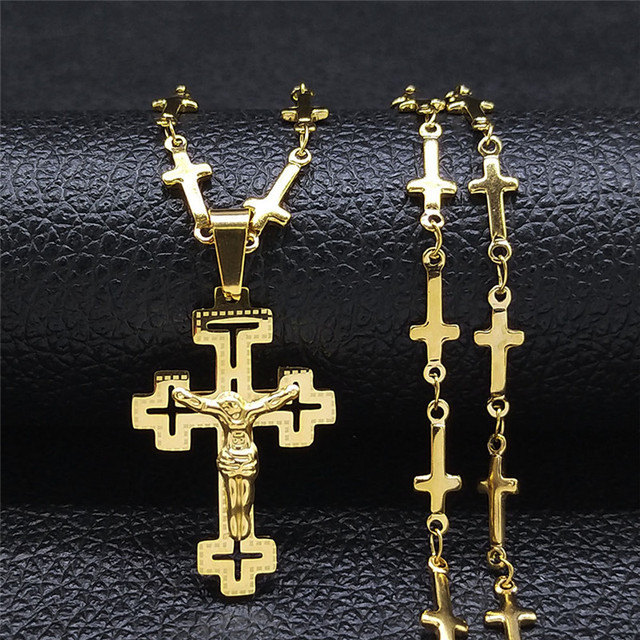 Naszyjnik z wisiorkiem Chrześcijański Krzyż ze stali nierdzewnej z motywem Jezusa, złoty kolor, dla kobiet i mężczyzn, mały łańcuch - Wianko - 19