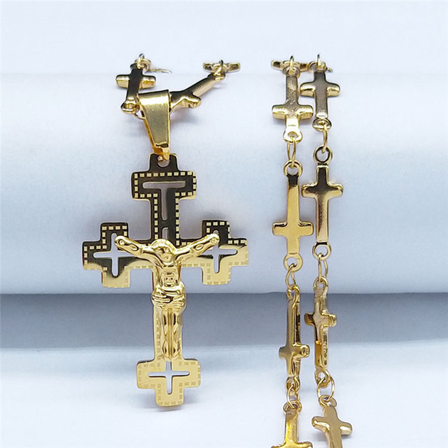 Naszyjnik z wisiorkiem Chrześcijański Krzyż ze stali nierdzewnej z motywem Jezusa, złoty kolor, dla kobiet i mężczyzn, mały łańcuch - Wianko - 12