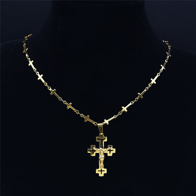Naszyjnik z wisiorkiem Chrześcijański Krzyż ze stali nierdzewnej z motywem Jezusa, złoty kolor, dla kobiet i mężczyzn, mały łańcuch - Wianko - 13