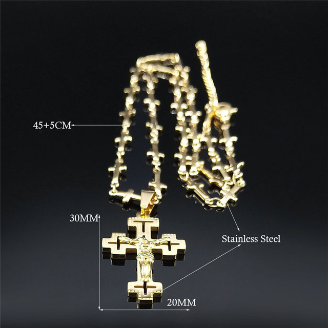 Naszyjnik z wisiorkiem Chrześcijański Krzyż ze stali nierdzewnej z motywem Jezusa, złoty kolor, dla kobiet i mężczyzn, mały łańcuch - Wianko - 11