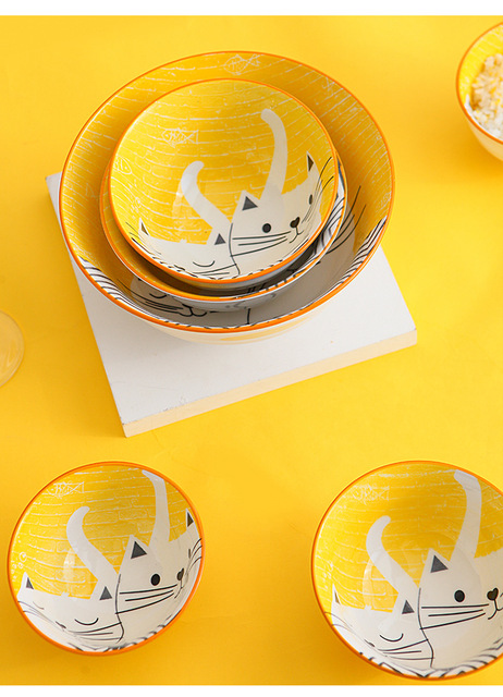 Ceramiczne płytkie talerze dla dzieci, styl japoński, ręcznie malowane, z łagodnym kotkiem - Wianko - 14