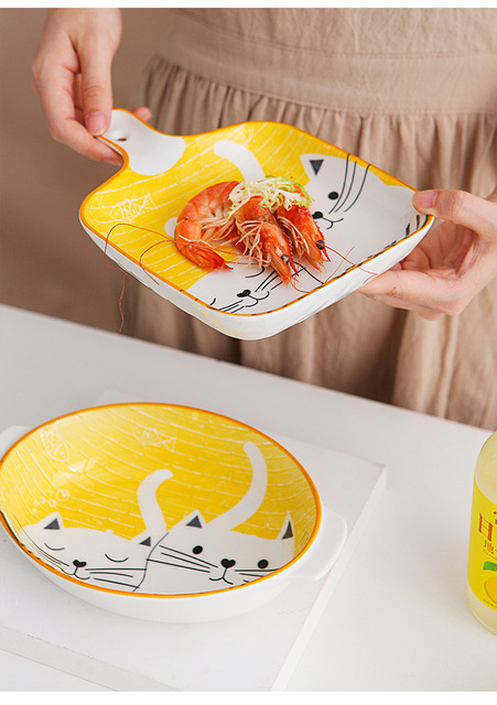 Ceramiczne płytkie talerze dla dzieci, styl japoński, ręcznie malowane, z łagodnym kotkiem - Wianko - 12